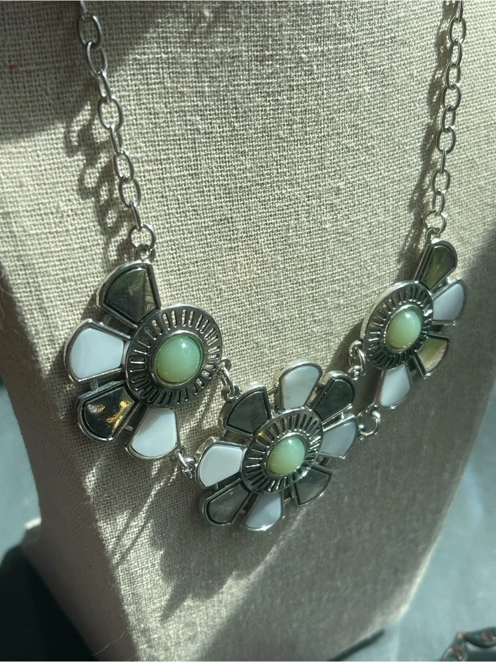Floral Statement Necklace with Mint Accents Silver Flower Necklace with Green St